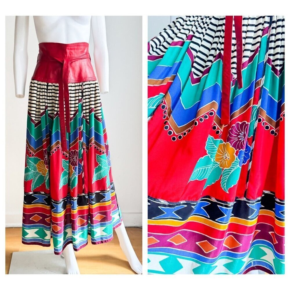 Vintage Wayne Clark Colourful Geometric Print Leather Detail Maxi Skirt S
